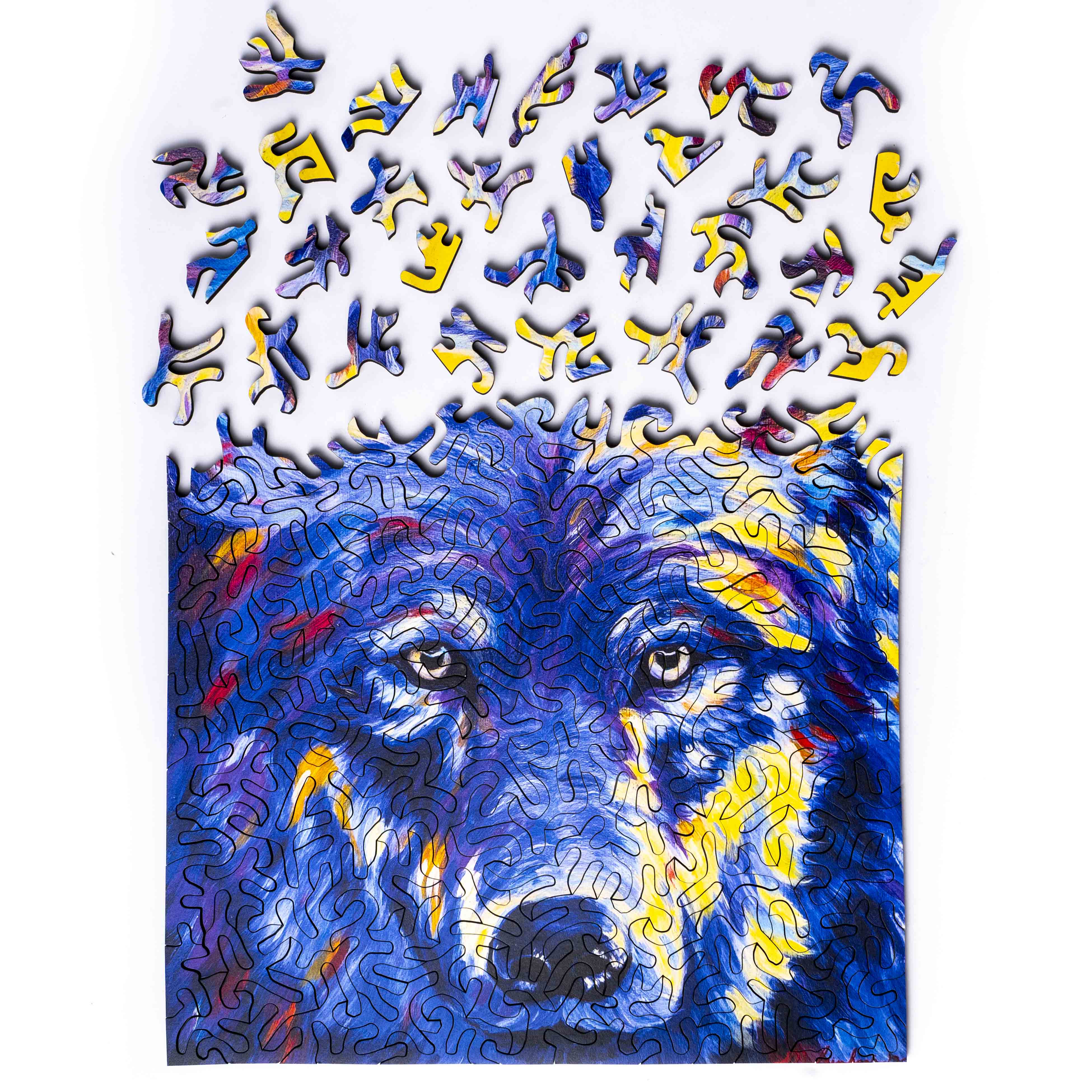 Wild Wolf wood jigsaw puzzle by Mandy Leinbach featuring a detailed wolf design and natural wood finish.