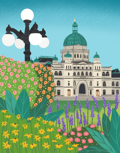 Illustration of a garden with flowers and a building in the background