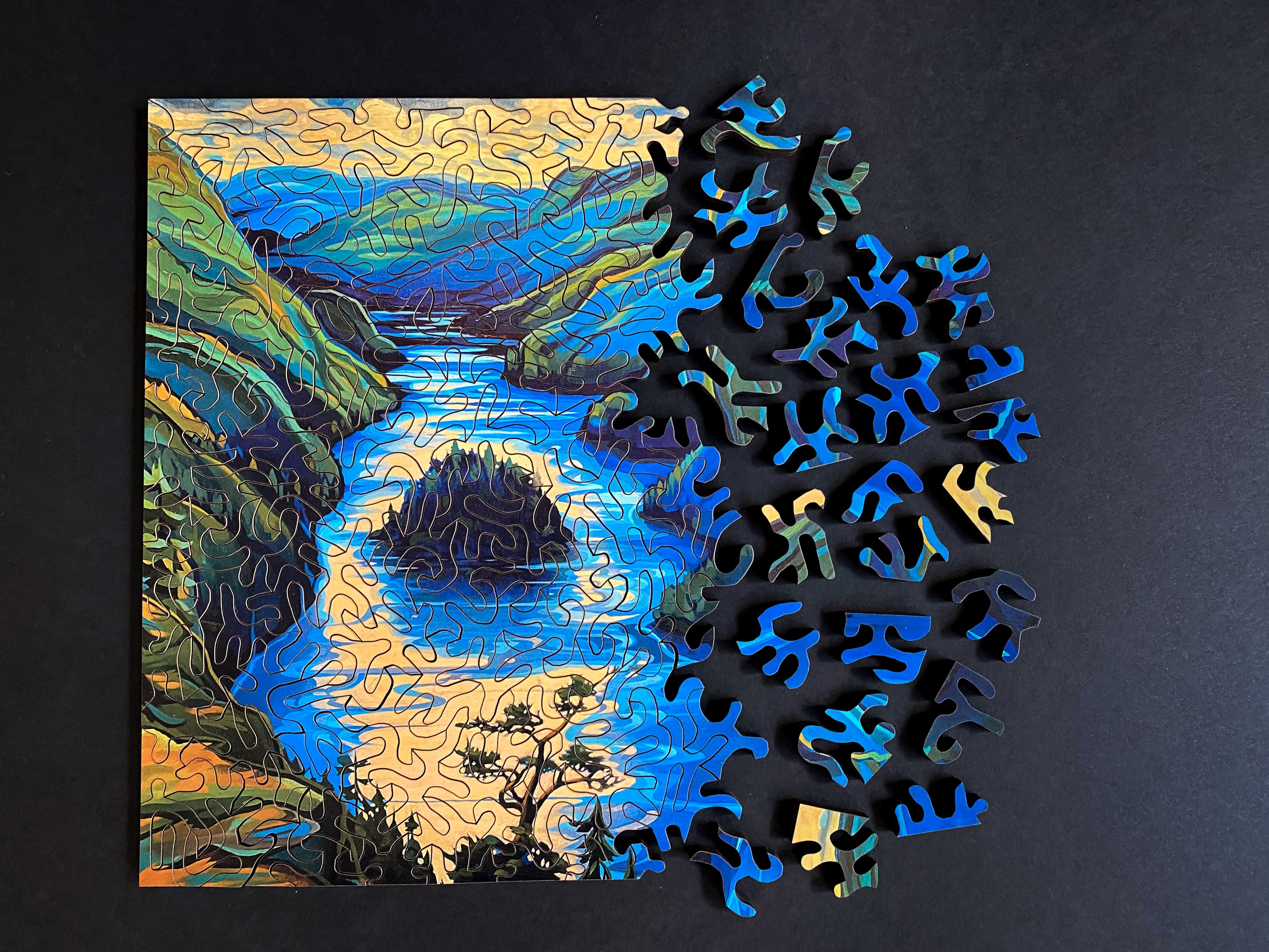 Shawn O'Keefe Jocelyn Hill wood jigsaw puzzle featuring colorful, intricate design on assembled puzzle pieces.