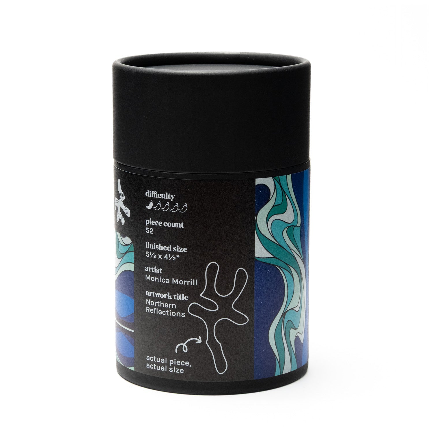 Mini wood jigsaw puzzle by Monica Morrill featuring a Northern Reflections design, shown in its packaging.