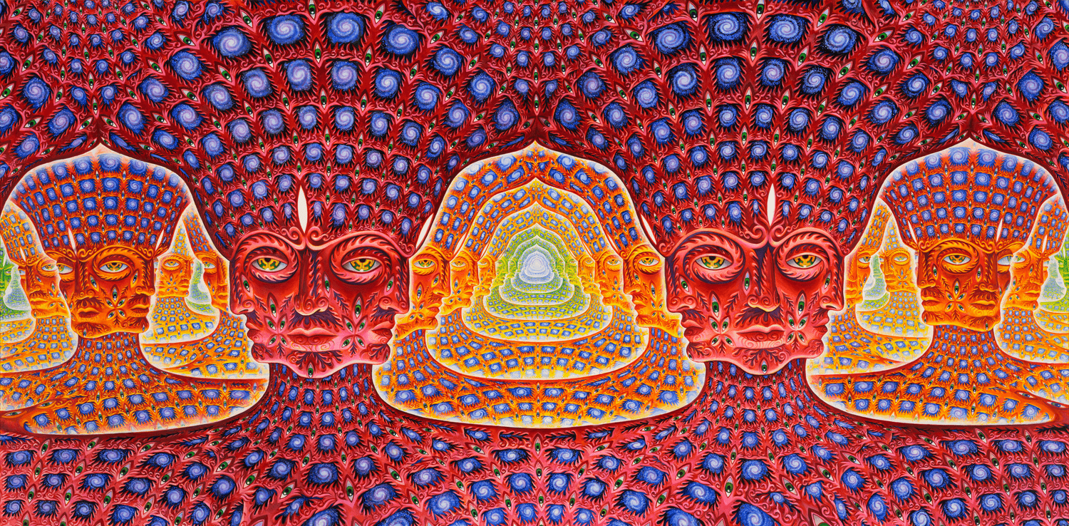 Jigsaw puzzle titled "Net of Being" by Alex Grey featuring intricate, colorful geometric and spiritual designs.