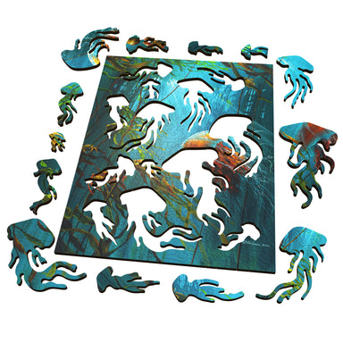 Jelly Dream wood jigsaw puzzle pieces inspired by Tangled in the Kelp by Mark Hobson