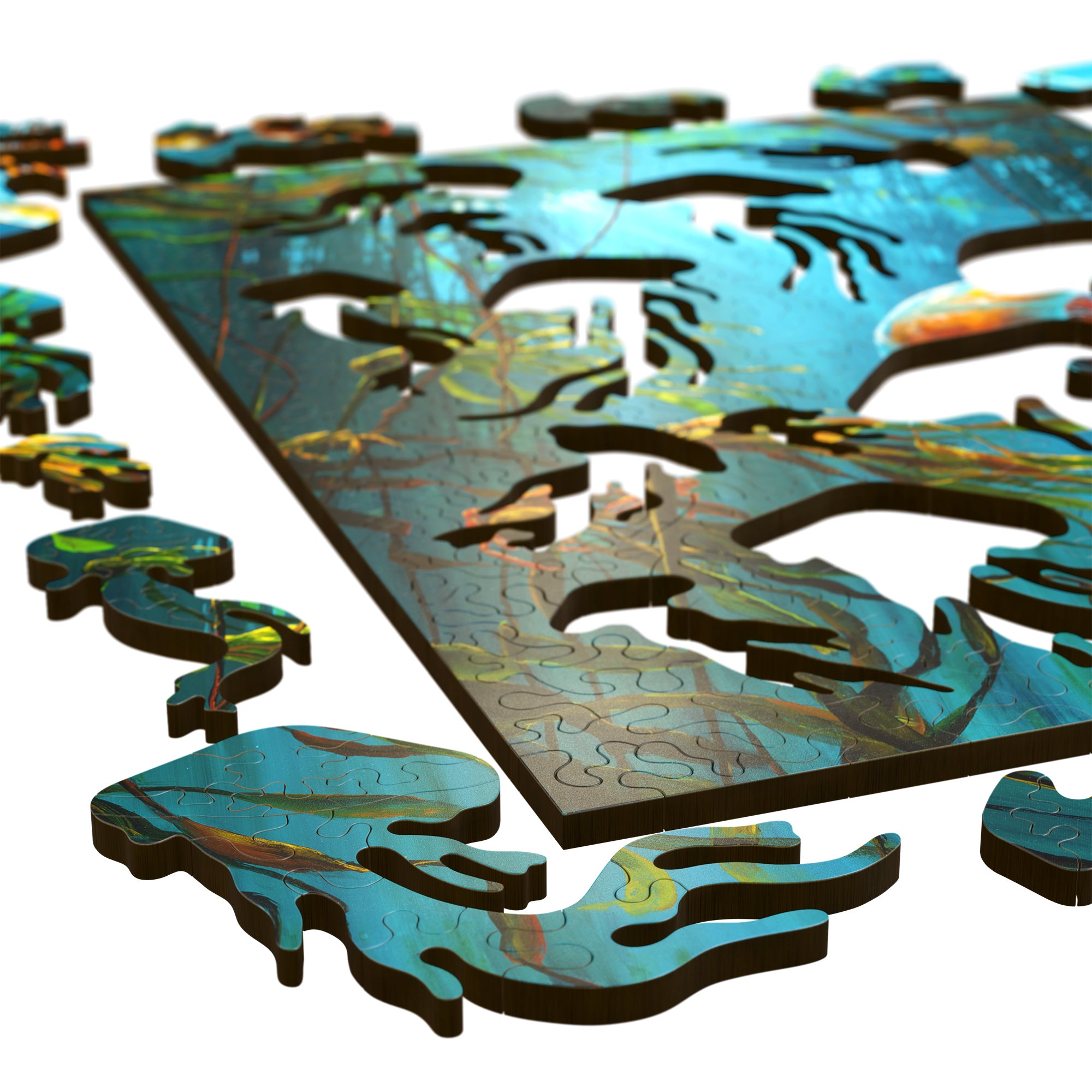 Jelly Dream wood jigsaw puzzle detail featuring flowing jellyfish and kelp shapes