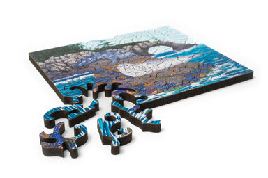 Mini wood jigsaw puzzle from Mike Semkiw's Low Tide Lounge collection featuring detailed coastal scene artwork.