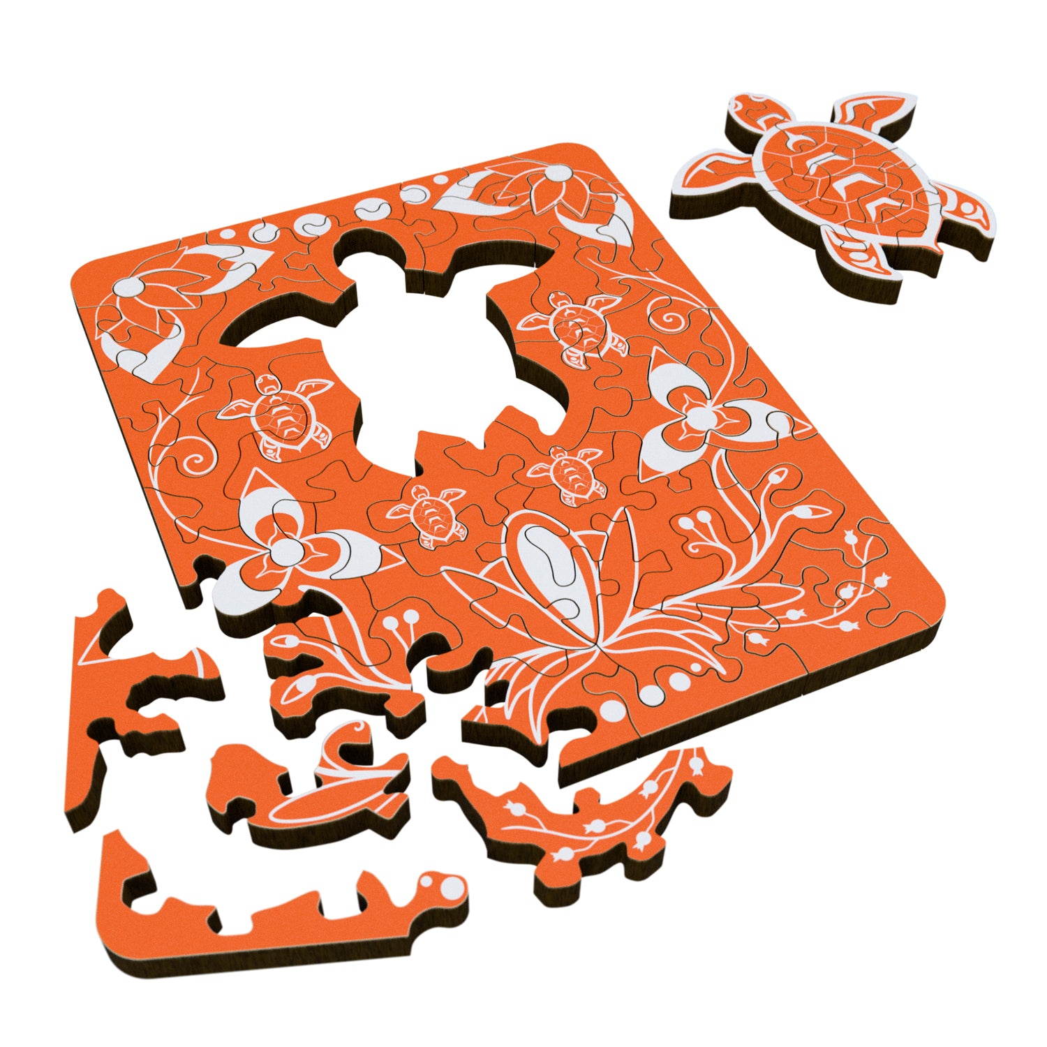 Jeannie Chipps Turtle Island Mini Wood Jigsaw Puzzle showing a detailed image of a turtle and island scene on assembled puzzle pieces.