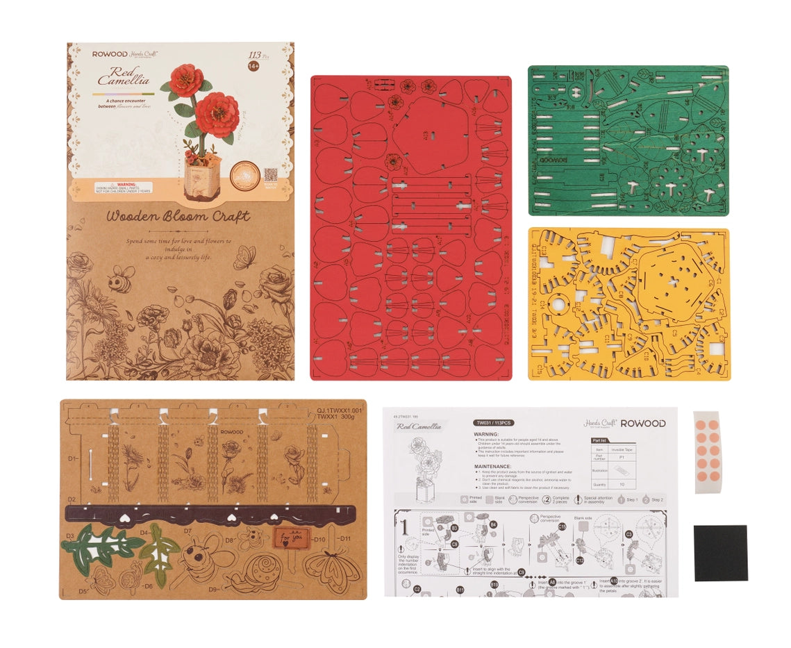3D Wooden Flower Puzzle: Red Camellia - Puzzle Lab