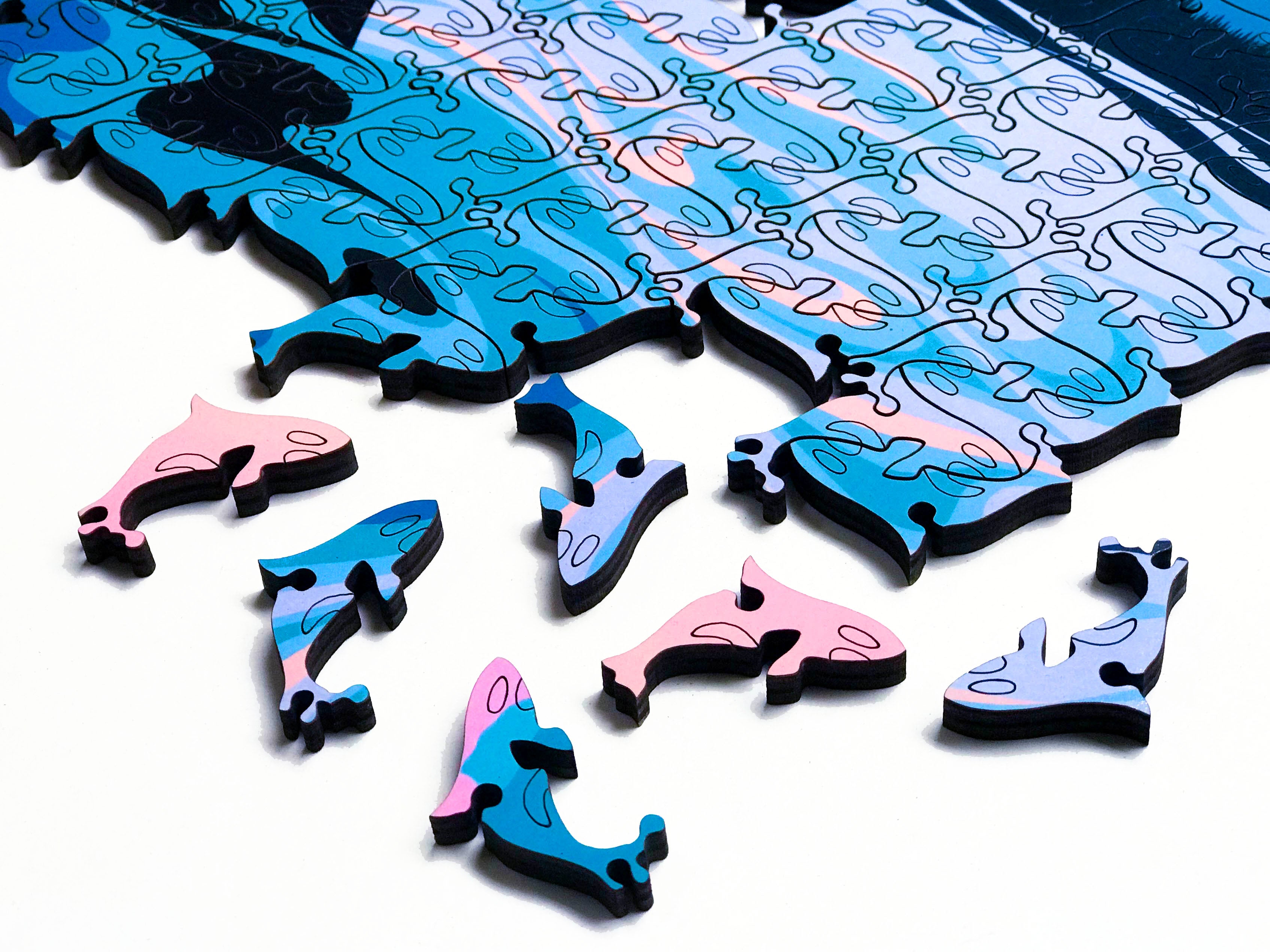 Rise Wood Jigsaw Puzzle by Art by Di, featuring colorful puzzle pieces assembled on a wooden surface.
